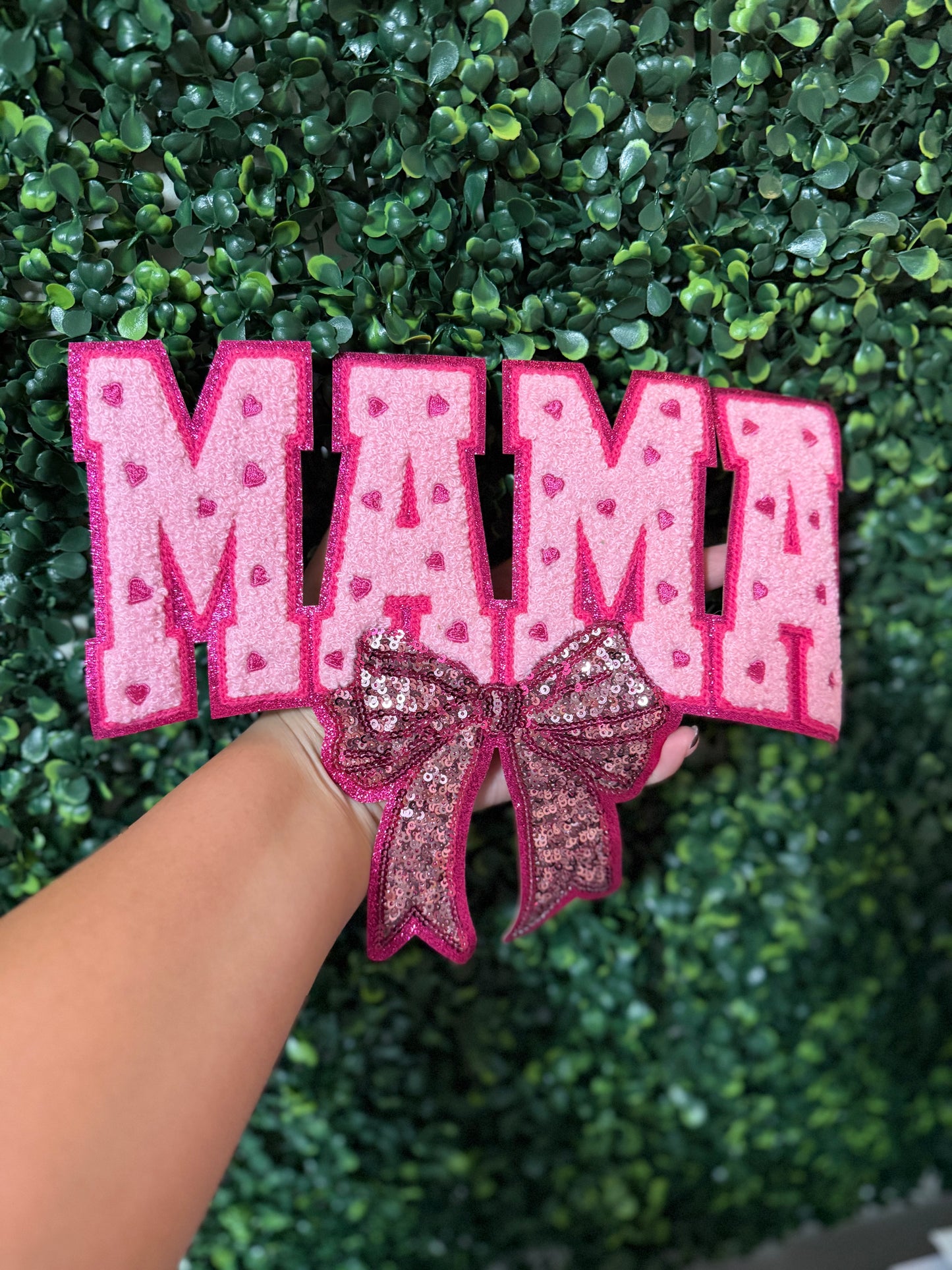 Pink heart MAMA with bow Chenille Patch