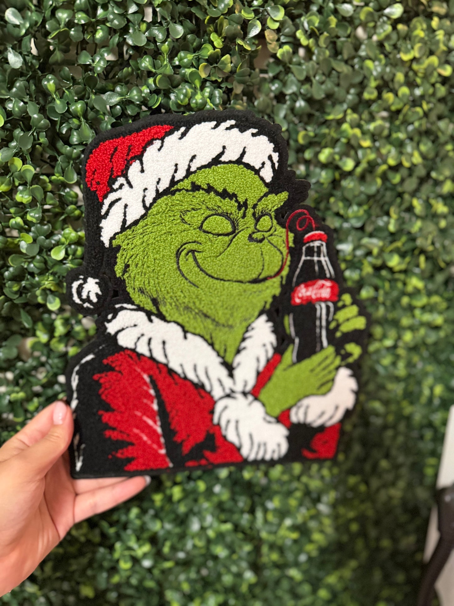 Grinch Drinking Soda Holiday Chenille Patch