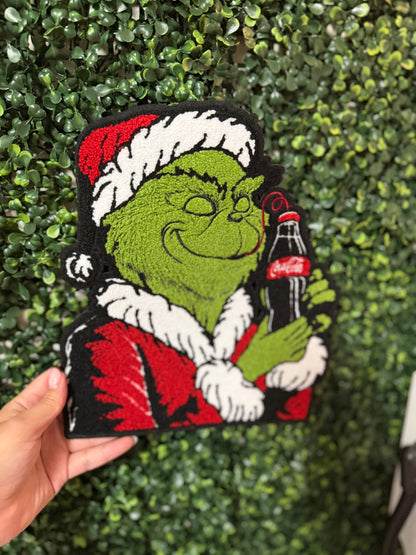 Grinch Drinking Soda Holiday Chenille Patch