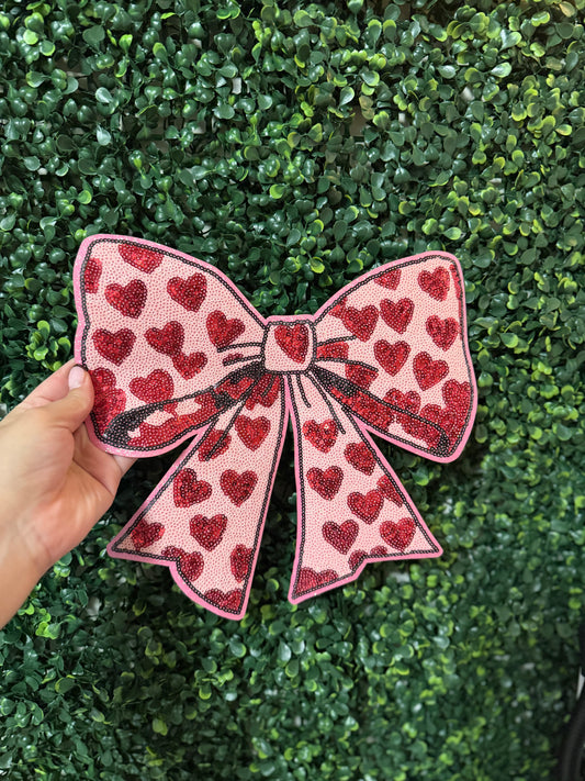 Pink Bow Heart Chenille Patch